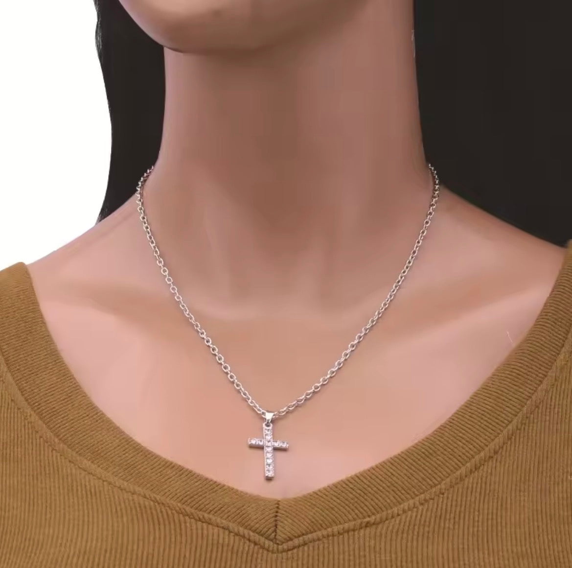 Stainless Steel Cross Pendant Zircon Necklace for Women Men