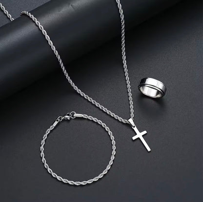 Stainless Steel Simple Jewelry Set For Men Women Fashion Silver Color Cross Pendant Twisted Rope Necklace