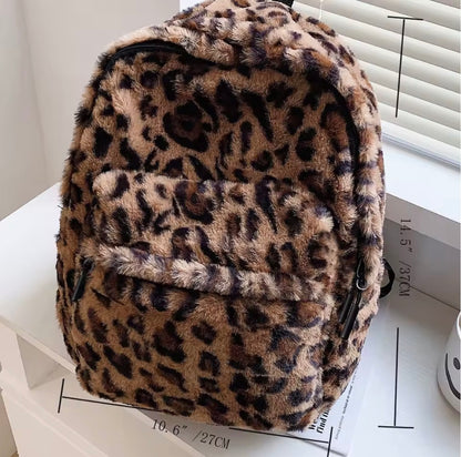 Luxury Brown Leopard Pattern Plush Womens Backpack