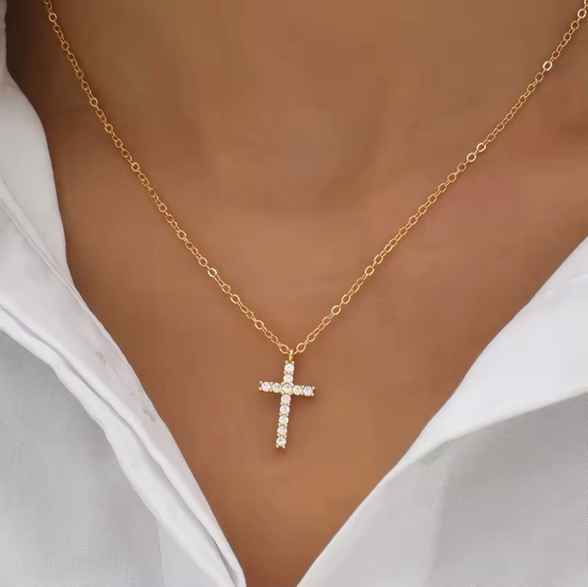 Stainless Steel Cross Pendant Zircon Necklace for Women Men