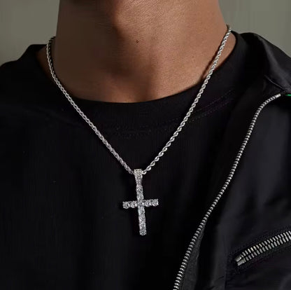 Stainless Steel Cross Pendant Zircon Necklace for Women Men