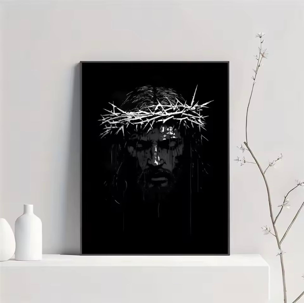 Frameless Canvas Crowned Jesus Cross Holy Light Wall Art, HD Canvas Print Poster