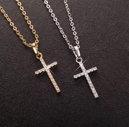 Stainless Steel Cross Pendant Zircon Necklace for Women Men