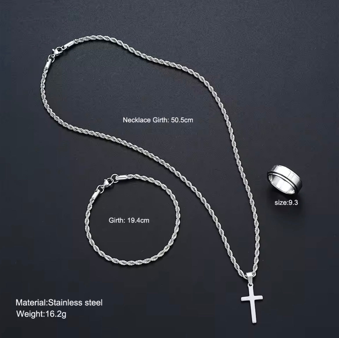 Stainless Steel Simple Jewelry Set For Men Women Fashion Silver Color Cross Pendant Twisted Rope Necklace