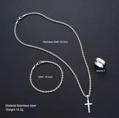 Stainless Steel Simple Jewelry Set For Men Women Fashion Silver Color Cross Pendant Twisted Rope Necklace