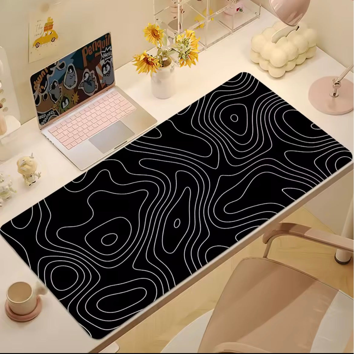 T-Topographic Map Black Curve Mouse Pad Desk Mat Large Non-slip
