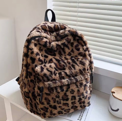 Luxury Brown Leopard Pattern Plush Womens Backpack