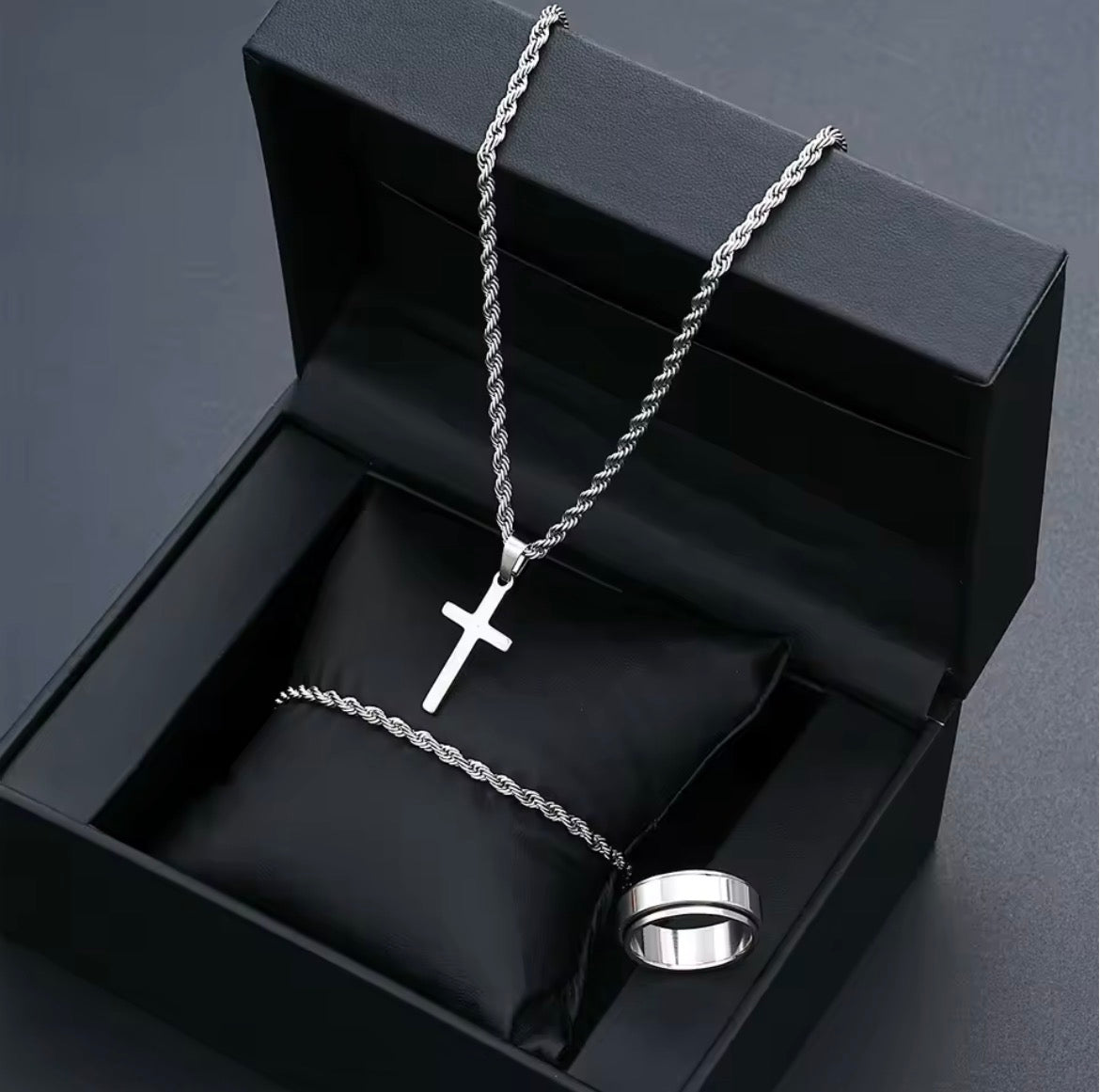 Stainless Steel Simple Jewelry Set For Men Women Fashion Silver Color Cross Pendant Twisted Rope Necklace