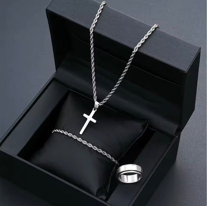Stainless Steel Simple Jewelry Set For Men Women Fashion Silver Color Cross Pendant Twisted Rope Necklace